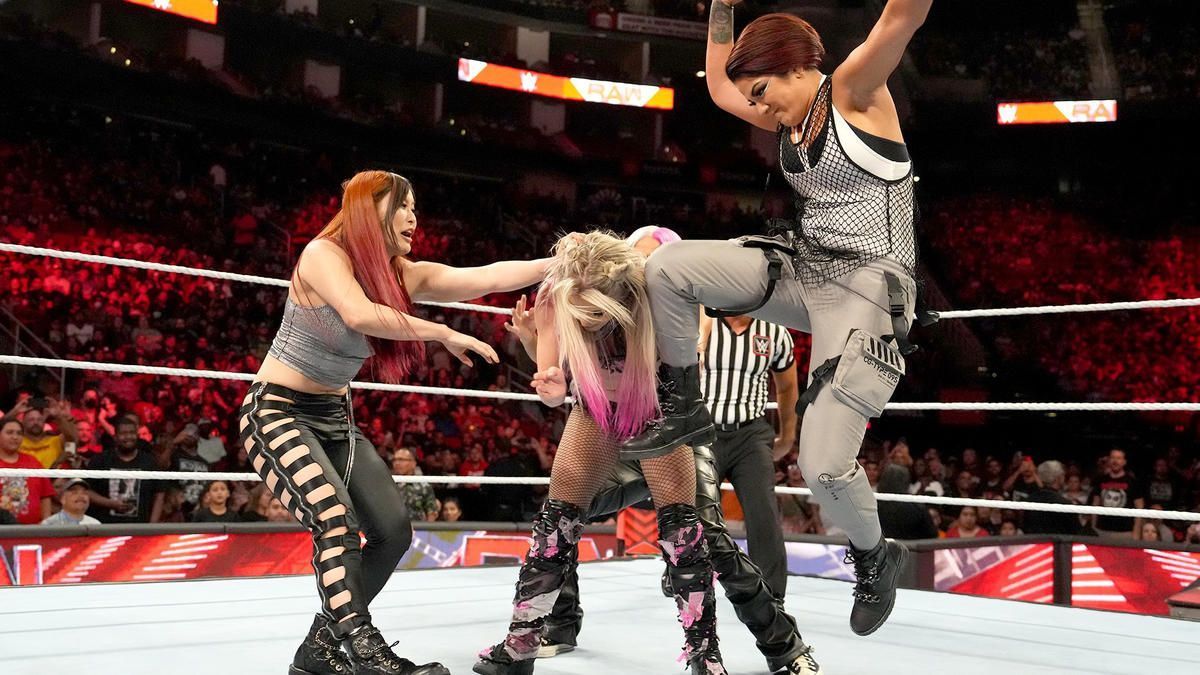 Alexa Bliss gets taken out by Bayley, Dakota Kai, and Iyo Sky