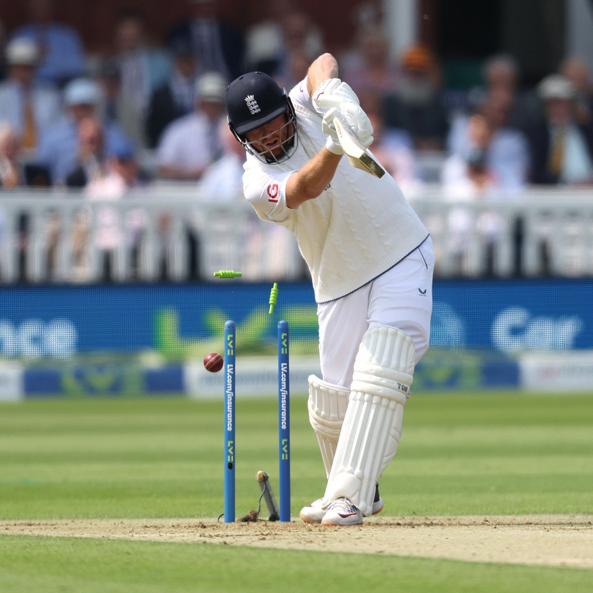 Anrich Nortje cleans up Jonny Bairstow as England are left reeling at lunch on Day One of the first Test.