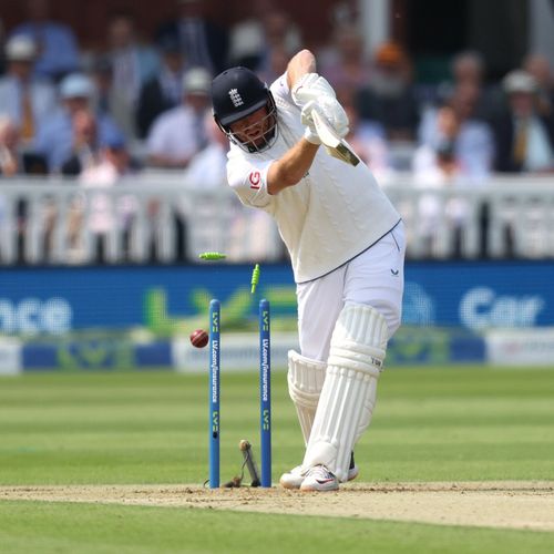 Anrich Nortje cleans up Jonny Bairstow as England are left reeling at lunch on Day One of the first Test.