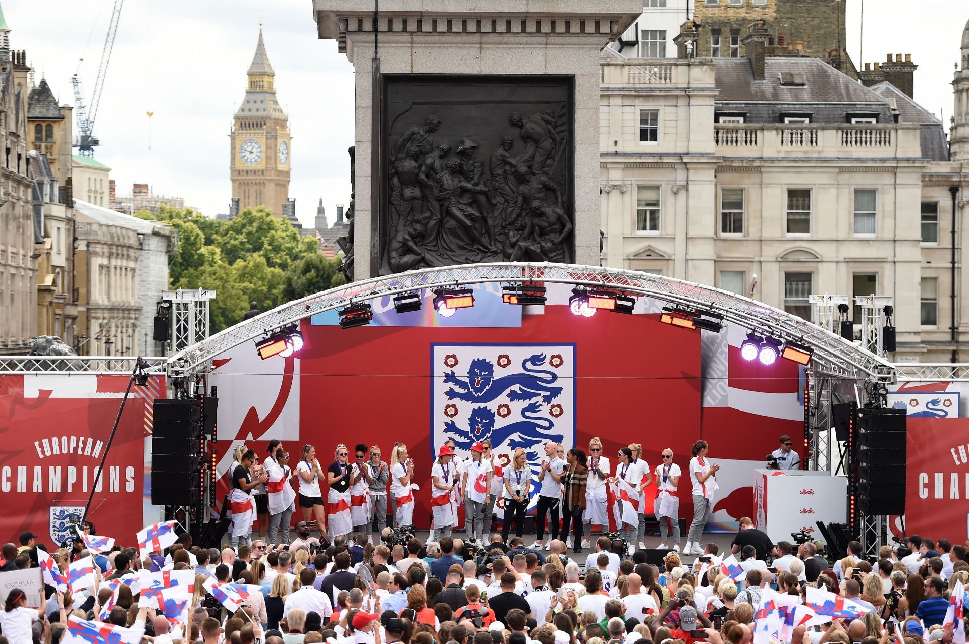 The Lionesses Lift The UEFA Women's Euro Trophy In Victory Celebration For Fans