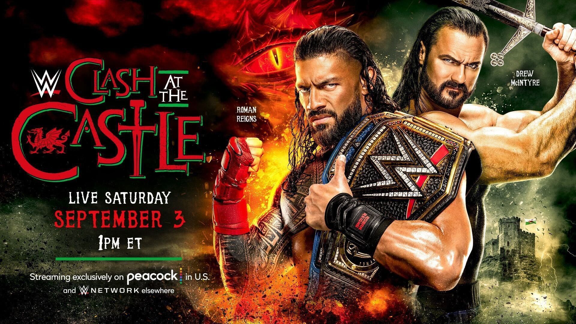 WWE Clash at the Castle poster featuring Drew McIntyre &amp; Roman Reigns