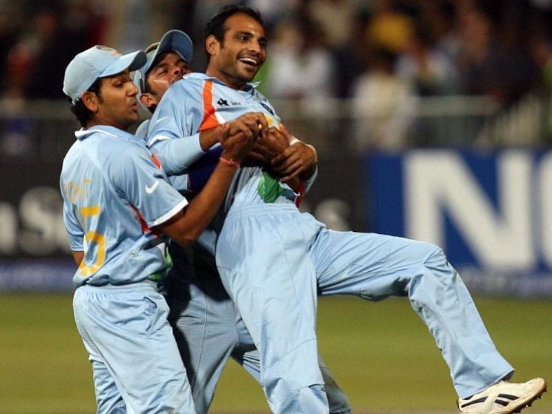 Joginder Sharma celebrates a wicket with teammates during the 2007 T20 World Cup.