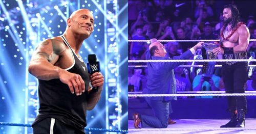 Dwayne Johnson, Paul Heyman, and Roman Reigns.