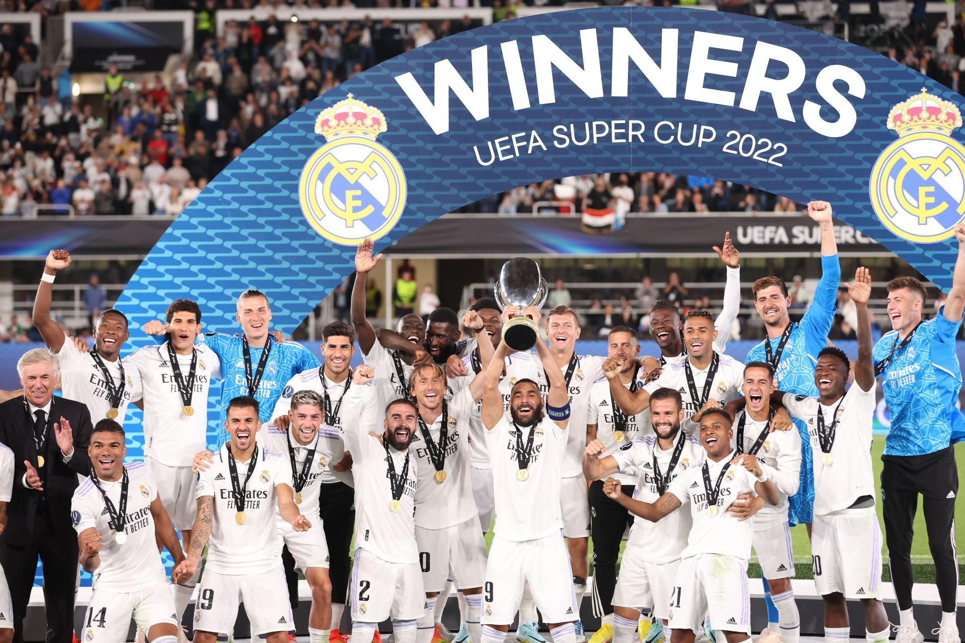 Real Madrid CF players celebrate their 2022 UEFA Super Cup triumph