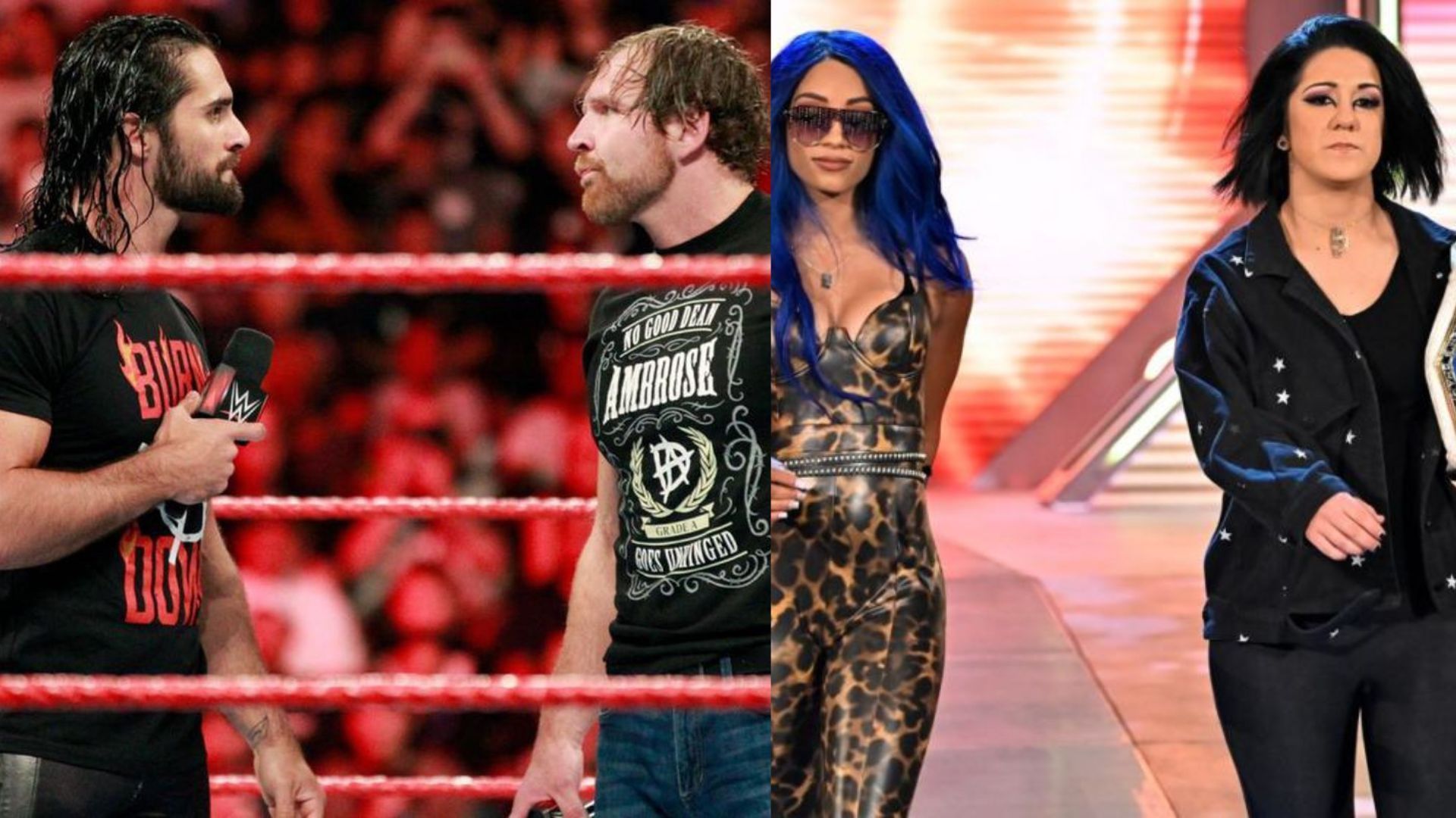 Seth Rollins and Dean Ambrose (L), Sasha Banks and Bayley (R)