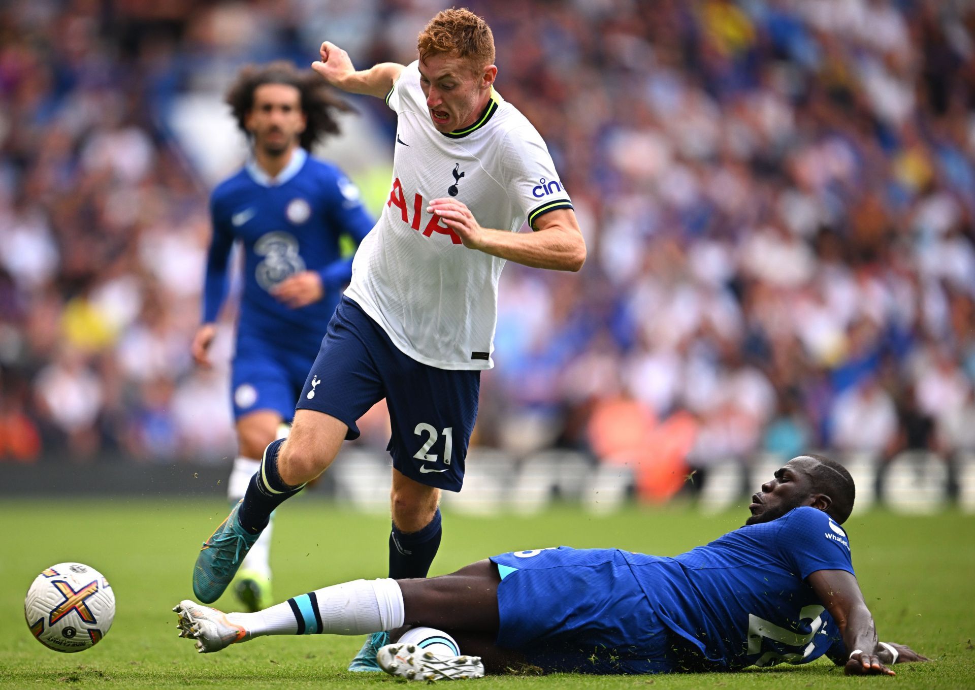 Dejan Kulusevski is challenged by Kalidou Koulibaly during the Premier League game between Chelsea and Tottenham.