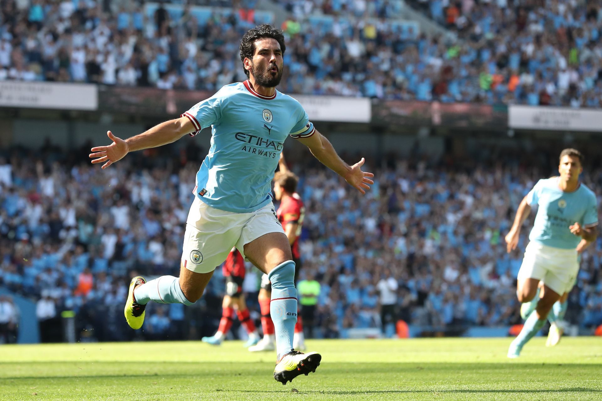 Ilkay Gundogan celebrates his goal against AFC Bournemouth.