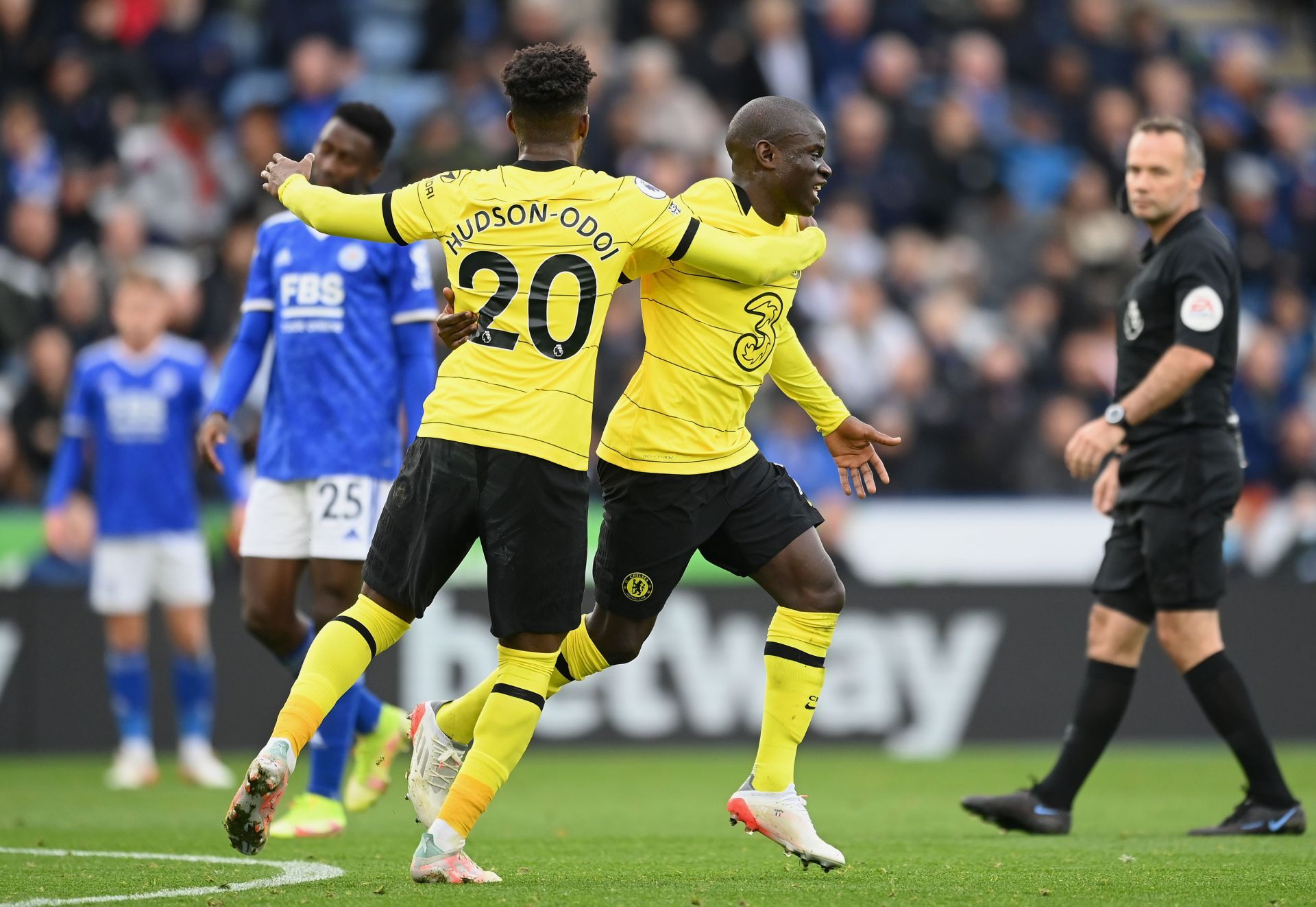 Hudson-Odoi and Kante celebrate against Leicester City