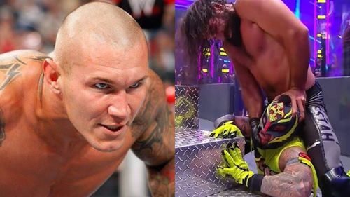 Randy Orton (L); Rey Mysterio and Seth 'Freakin' Rollins (R)