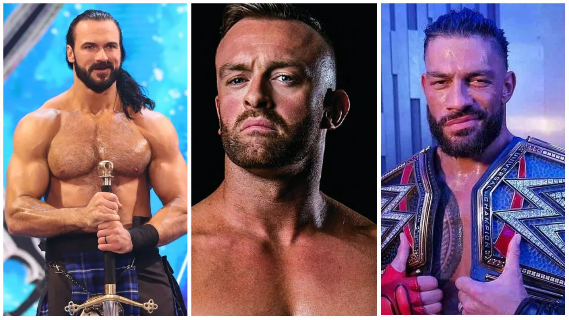 Drew McIntyre (L); Nick Aldis (C); Roman Reigns (R)