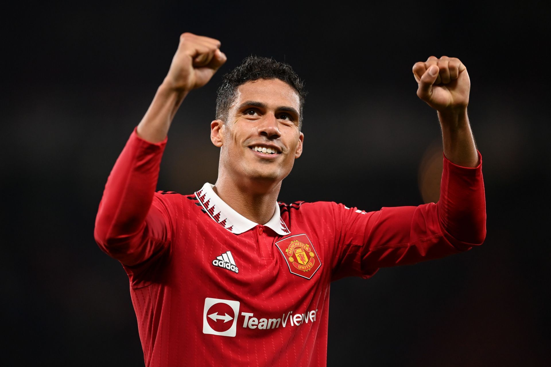 Raphael Varane celebrates Manchester United&#039;s win against Liverpool FC.