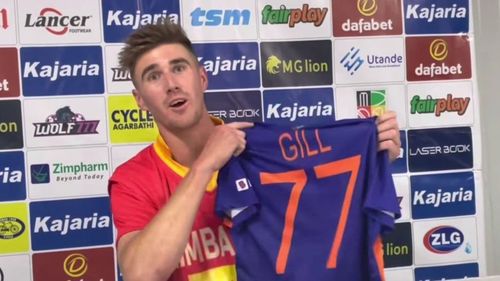 Brad Evans with Shubman Gill's jersey after the 3rd ODI. (P.C.:Vimal Kumar YouTube)