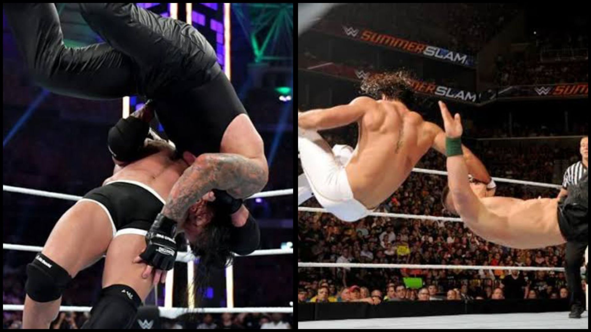 Goldberg and The Undertaker (L); Seth Rollins and John Cena (R).