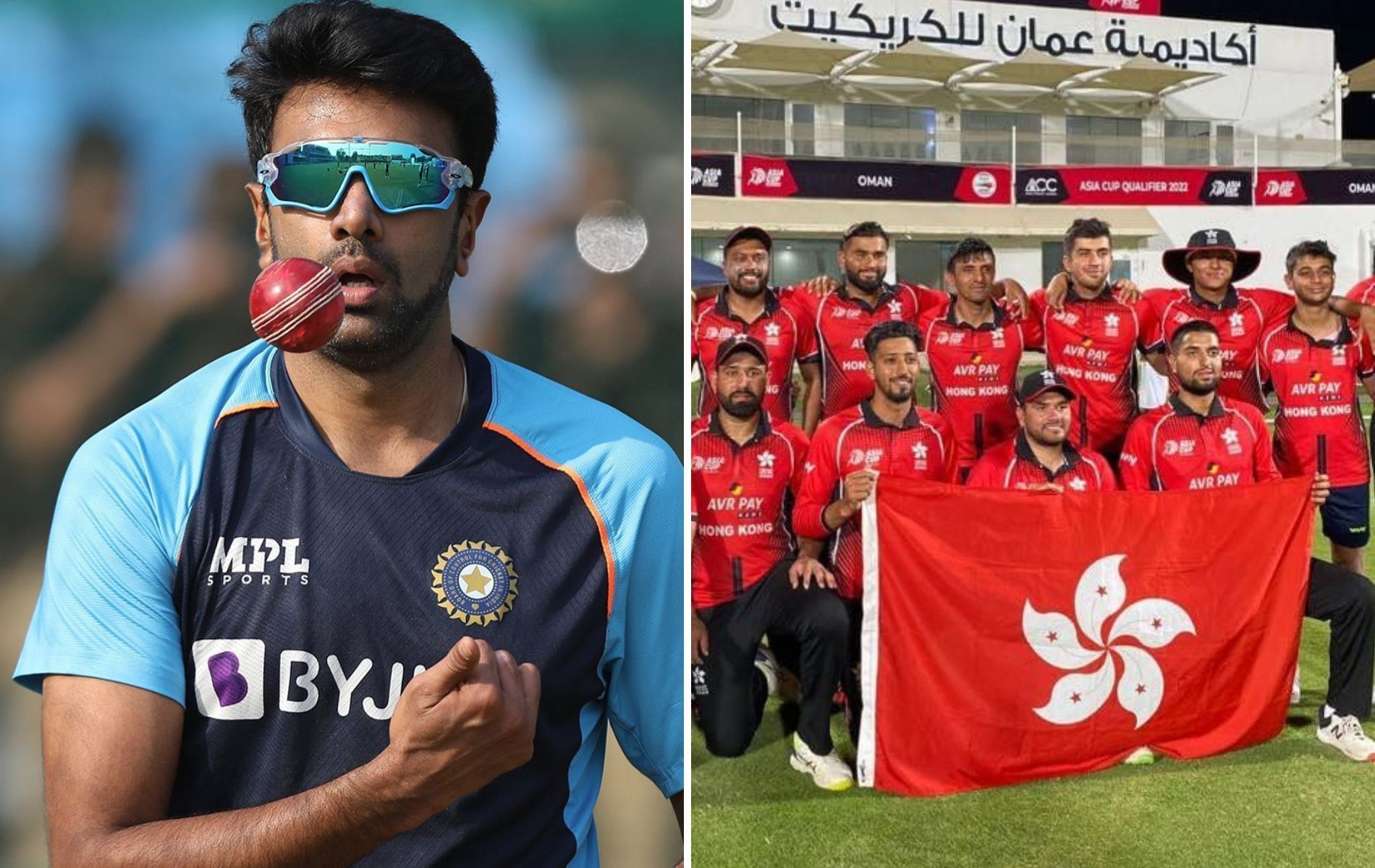 Ravichandran Ashwin (L) and Hong Kong cricket team (R). (Pics: Instagram) 