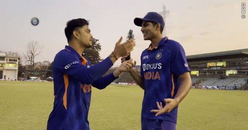 Ishan Kishan (left) and Shubman Gill discuss the former’s run out.