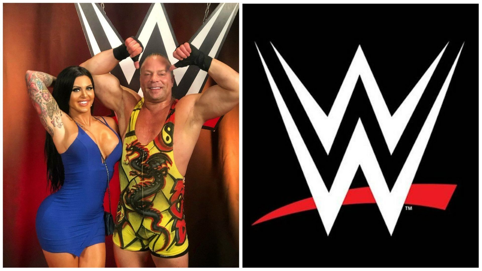 Rob Van Dam and Katie Forbes are standing in front of the WWE logo (L); the WWE logo (R)