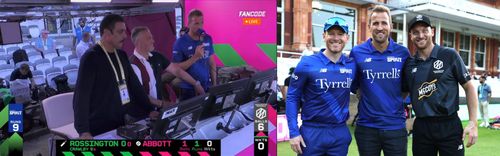 Harry Kane commentates with Ravi Shastri and poses with Jos Buttler and Eoin Morgan. (Credits: Getty)