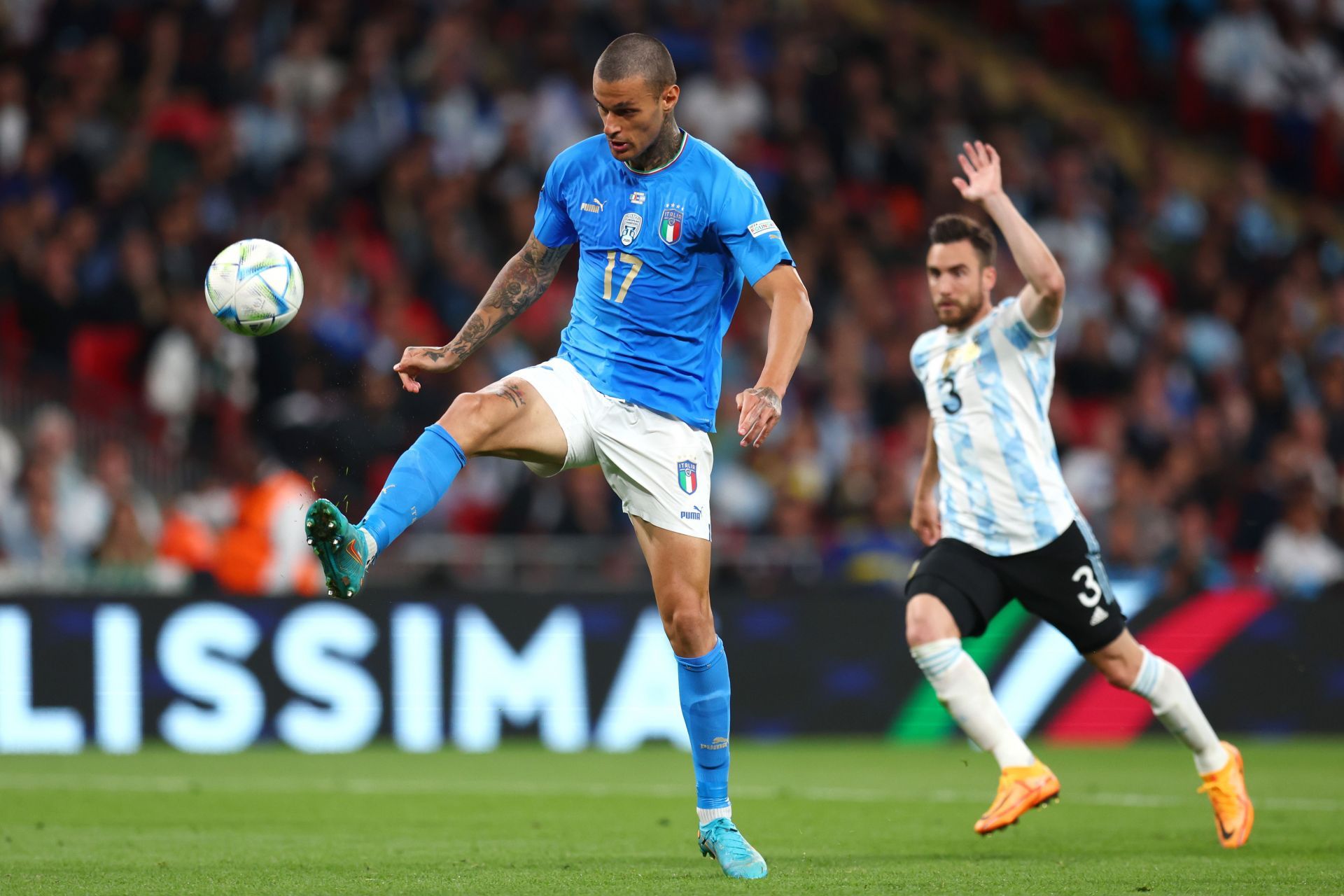 Gianluca Scamacca in action against Argentina.