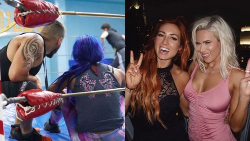 Sasha Banks with Samuray Del Sol (left) and CJ Perry with Becky Lynch (right)