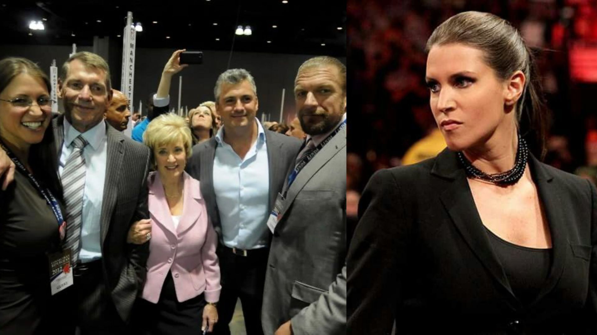 The McMahon family (left) and WWE Chairwoman and Co-CEO Stephanie McMahon (right)