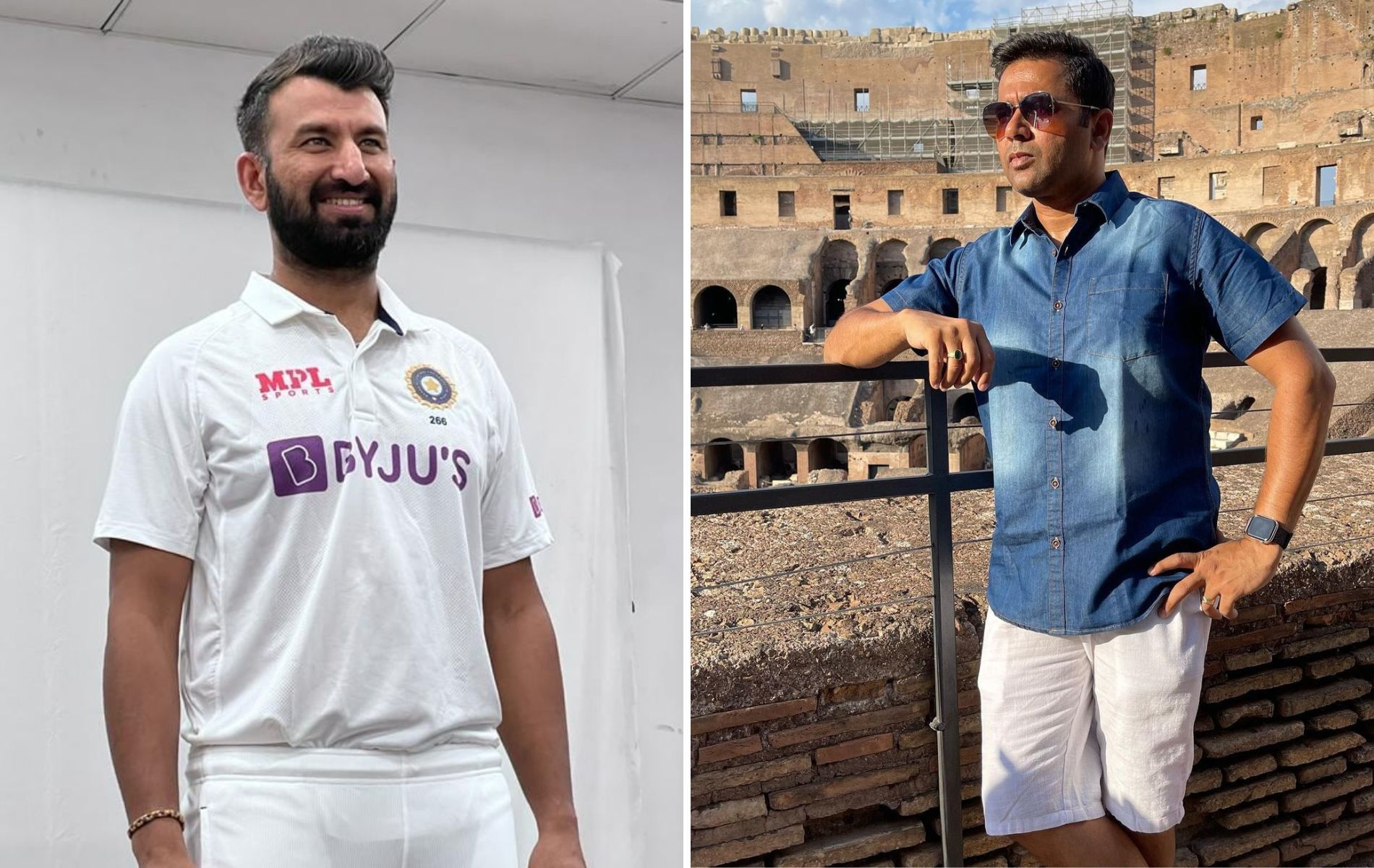 Cheteshwar Pujara (L) and Aakash Chopra (R) (Pics: Instagram)