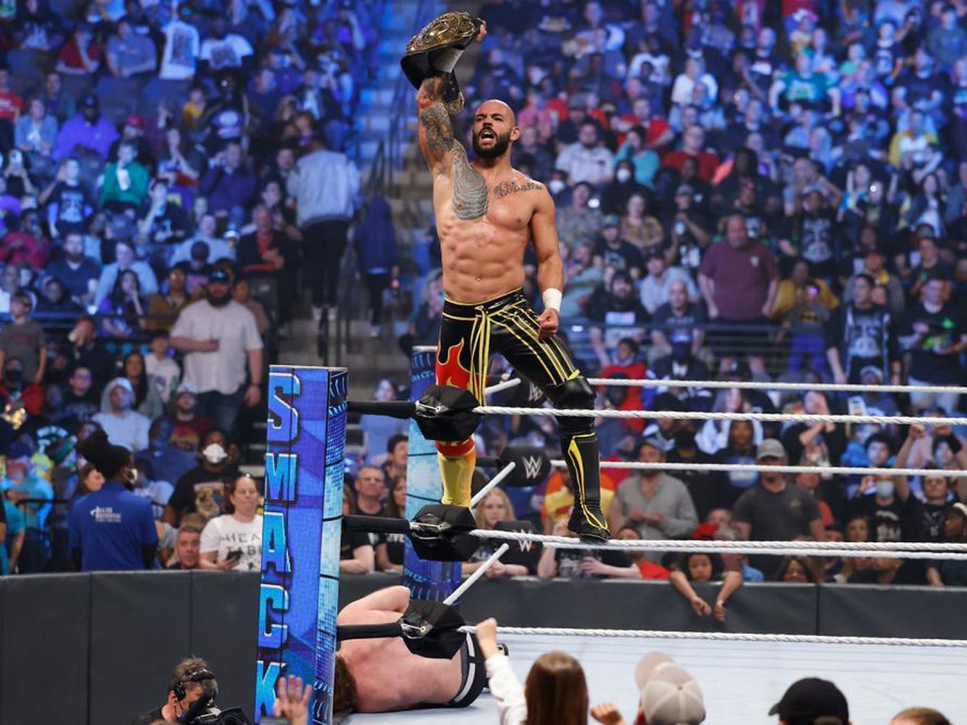 Ricochet shown after winning the WWE Intercontinental Championship on SmackDown