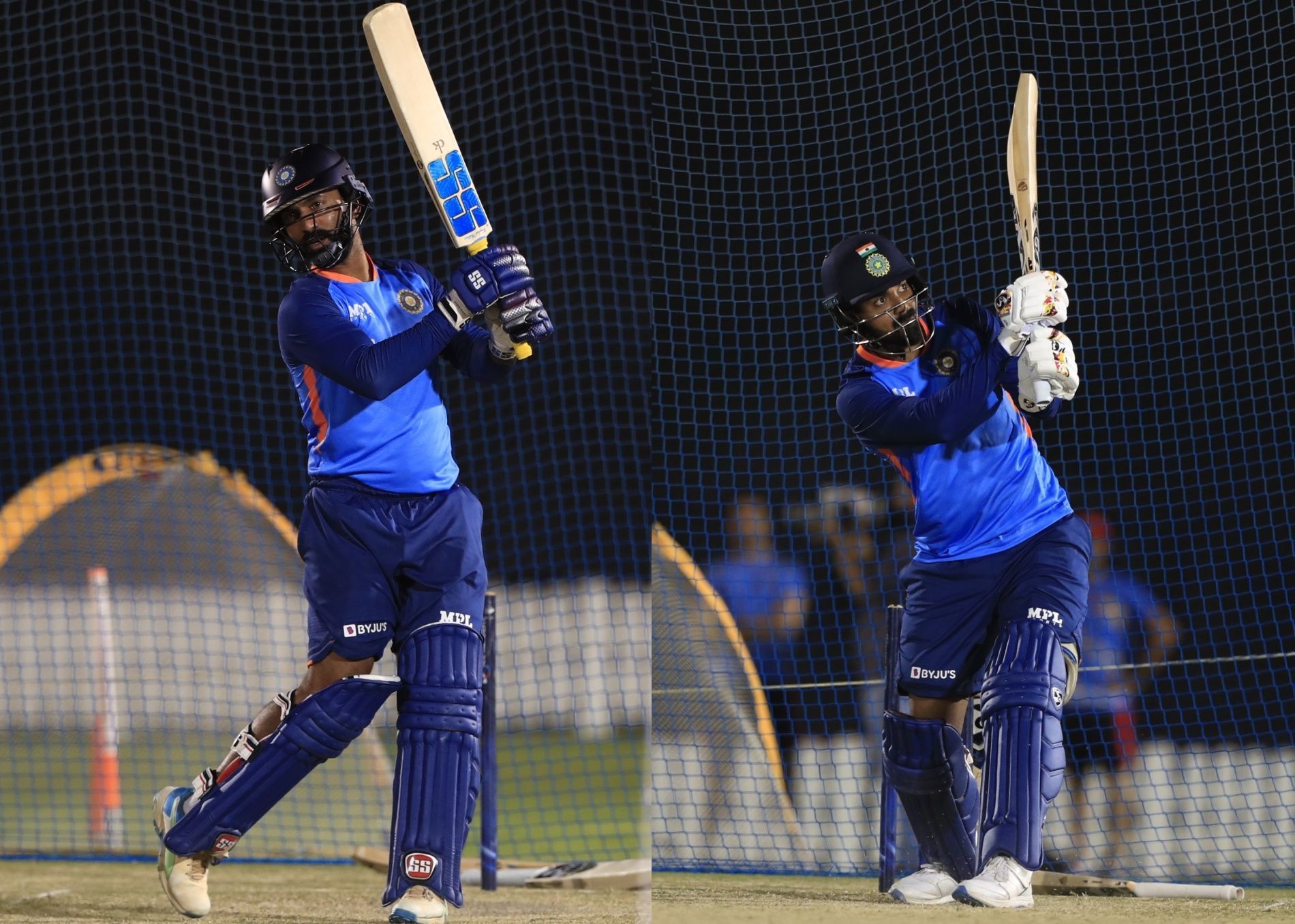 Dinesh Karthik (left) and KL Rahul during their net session.