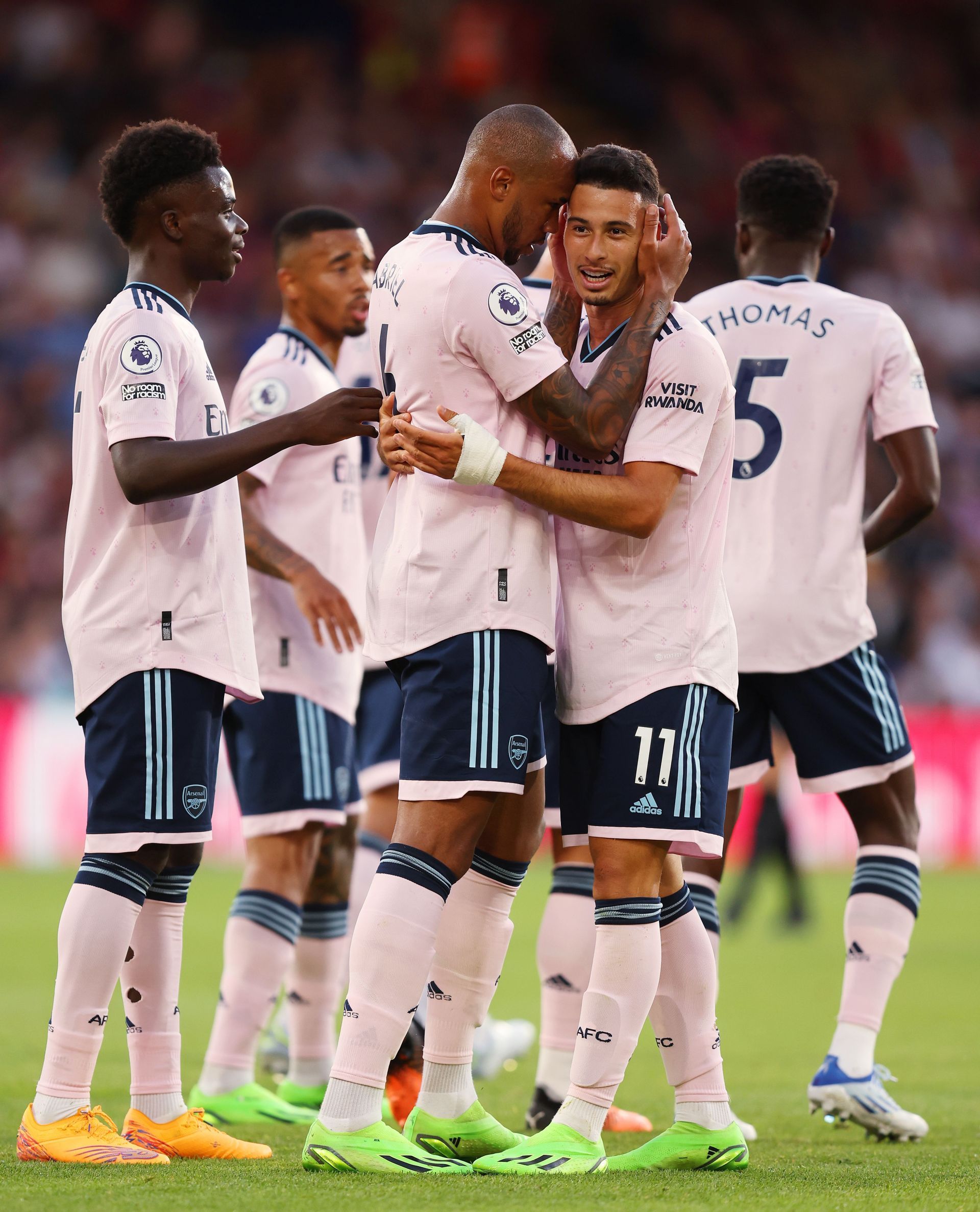 Gabriel Martinelli celebrates with Gabriel after scoring the opener at Selhurst Park