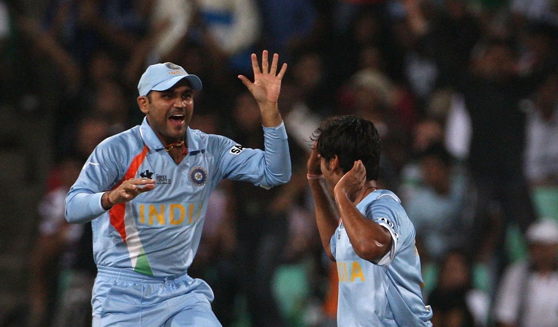 Virender Sehwag (left) celebrates a wicket during the 2007 T20 World Cup. Pic: Getty Images