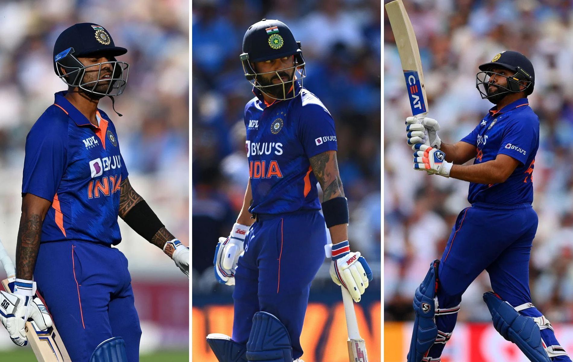 (L to R) Suryakumar Yadav, Virat Kohli, and Rohit Sharma. (Pics: Getty)