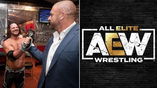 AJ Styles with WWE's head of creative Triple H (left); the AEW logo (right)