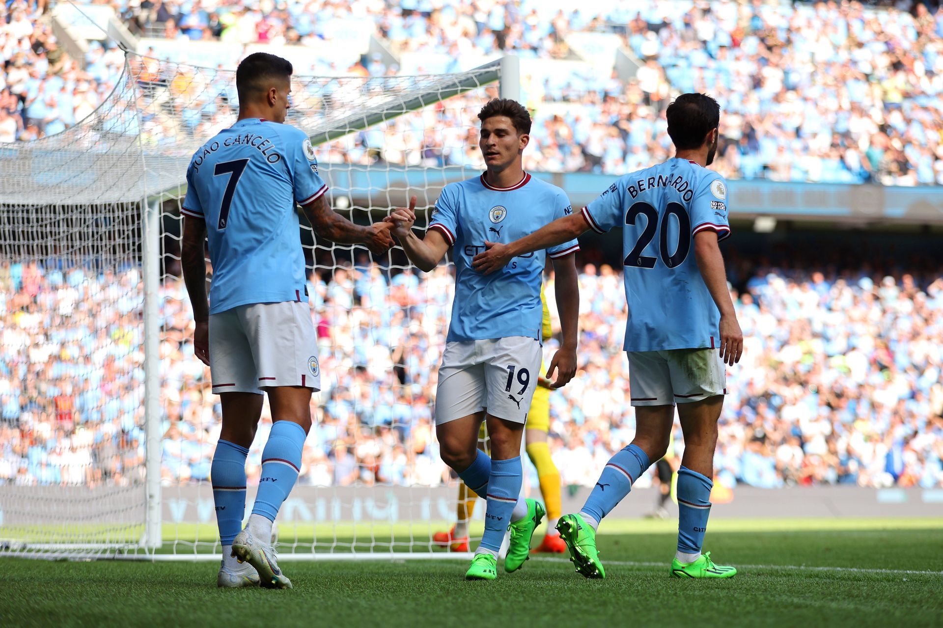 Manchester City players celebrate their fourth goal again AFC Bournemouth.