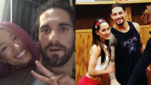 Seth Rollins with Sasha Banks (left) and Roman Reigns with Brie Bella (right)