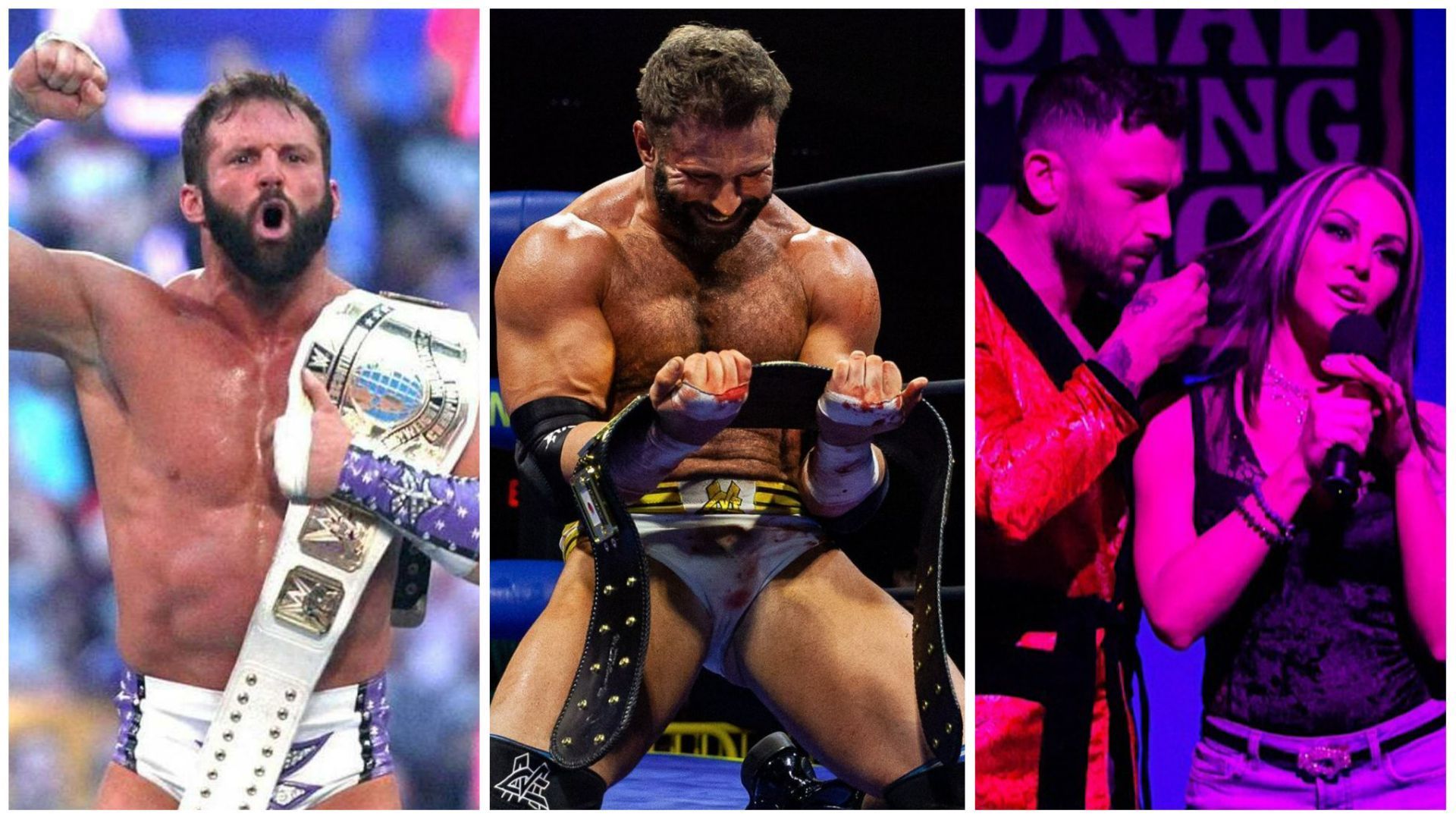 Zack Ryder as WWE Intercontinental Champion (L); Matt Cardona as NWA Worlds Heavyweight Champion (C); Dirty Dango smells Velvet Sky