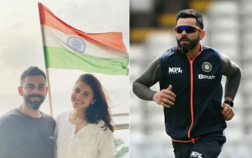 (Left) Virat Kohli and Anushka Sharma; (Right) the cricketer during a practice session. Pics: Instagram/ Twitter