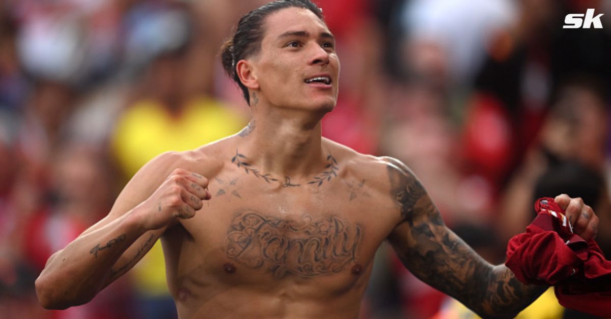 Liverpool striker Darwin Nunez celebrates after scoring.