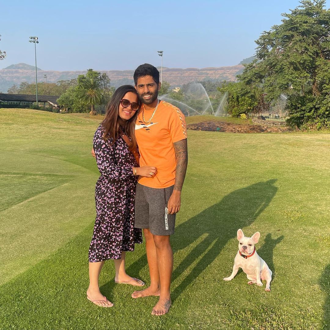 Suryakumar Yadav and Devisha Shetty along with their dog, Pablo.