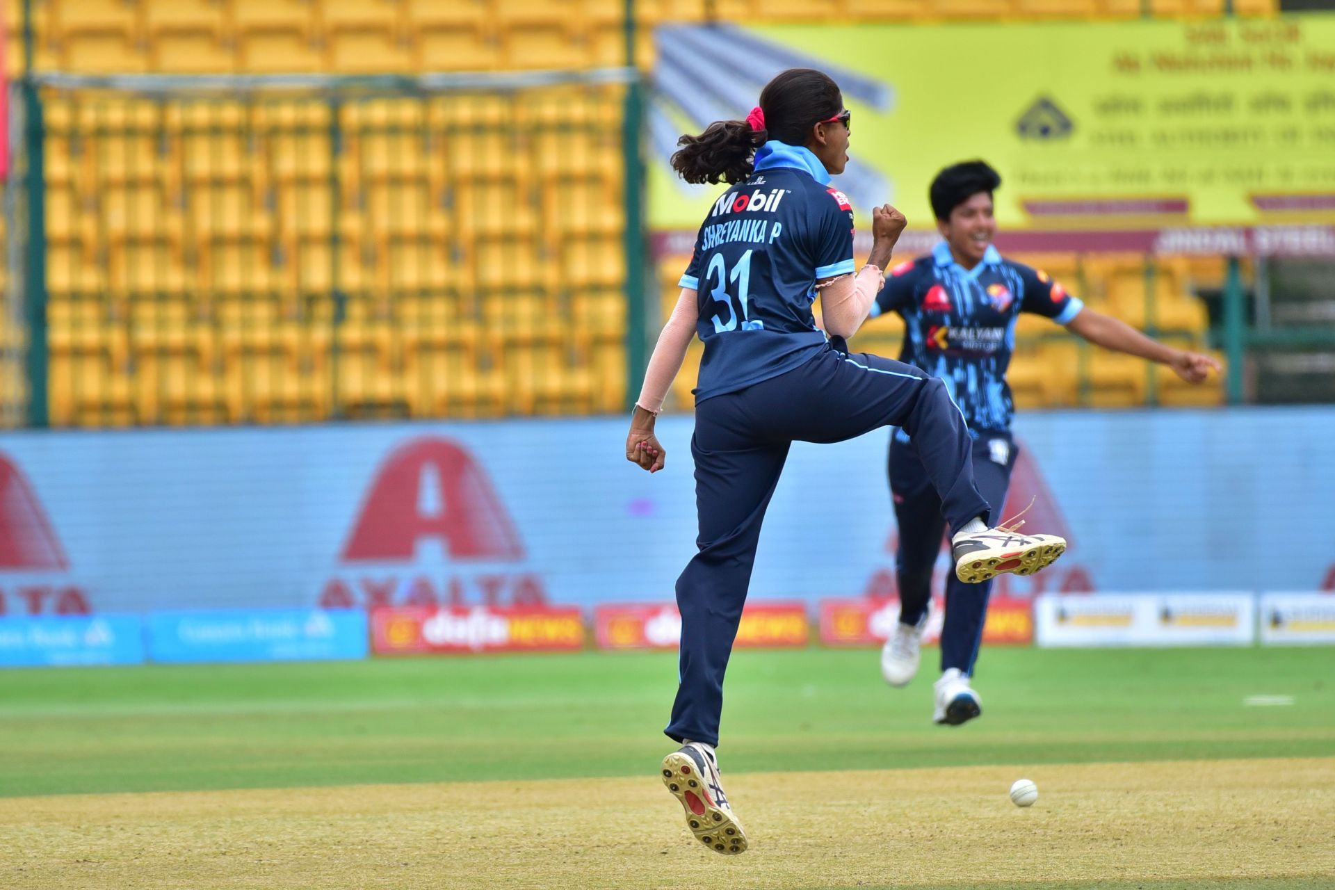 Shreyanka Patil is jubilant having picked up G Divya&#039;s wicket (Courtesy: maharajat20.cricket)