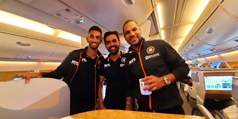 (LtoR) Prasidh Krishna, Deepak Chahar and Shikhar Dhawan.