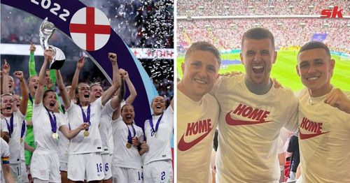 Mason Mount and Phil Foden celebrate England's Women's Euro 2022 triumph.