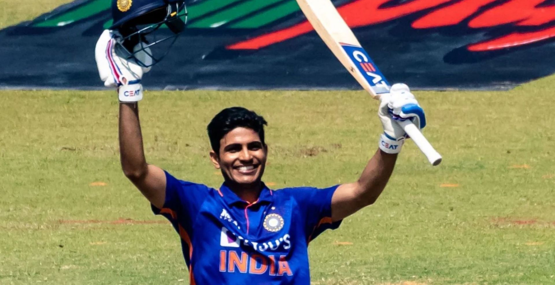 Shubman Gill celebrates after reaching his hundred in the third ODI against Zimbabwe on Monday. (Credits: Getty Images)