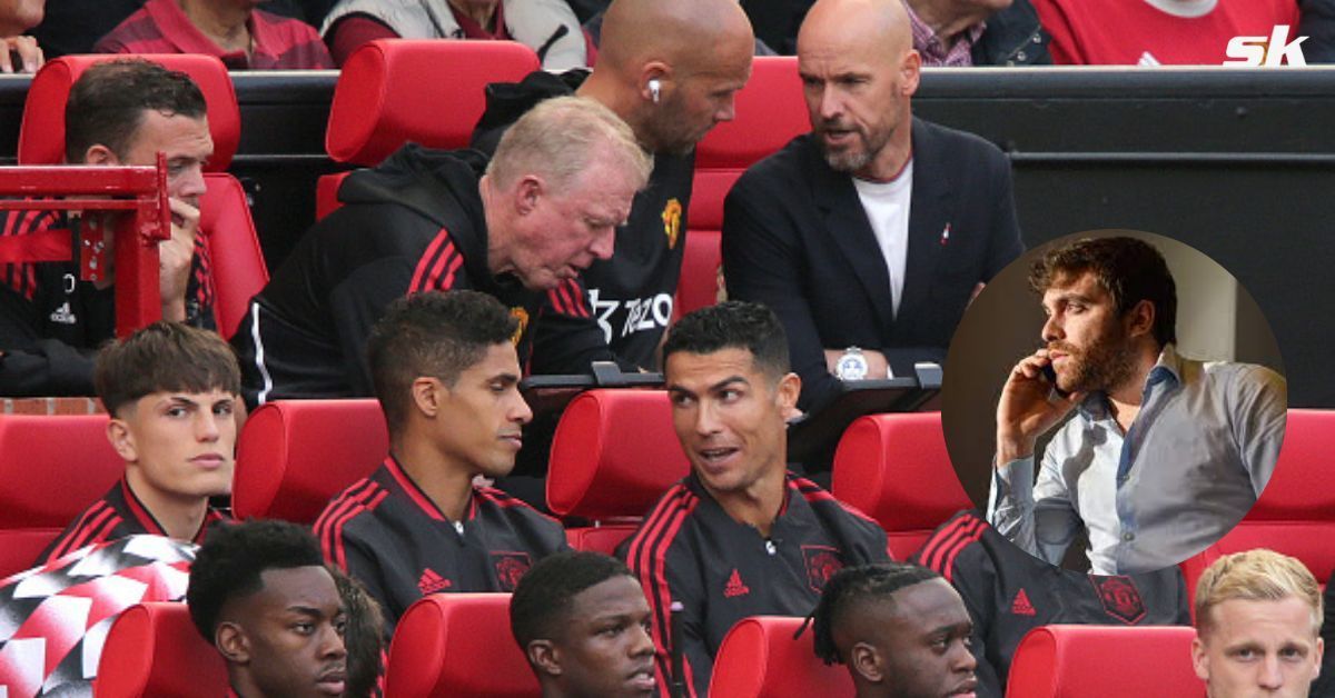 Cristiano Ronaldo seated on Manchester United&#039;s bench; [inset] Fabrizio Romano.