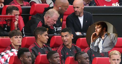 Cristiano Ronaldo seated on Manchester United's bench; [inset] Fabrizio Romano.