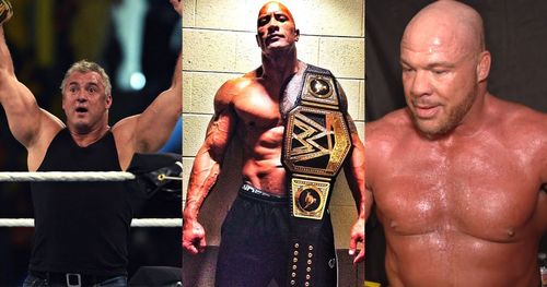 Shane McMahon, The Rock, and Kurt Angle