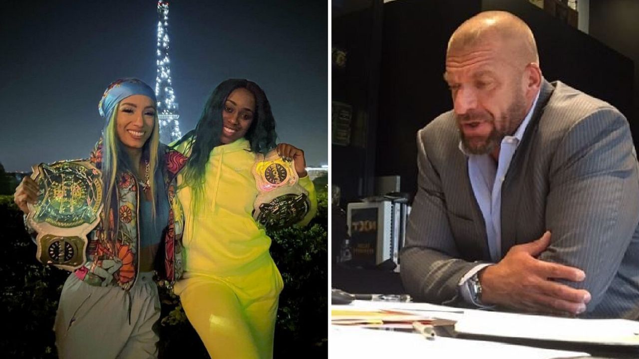 Sasha Banks and Naomi posing for a picture; Triple H in his office
