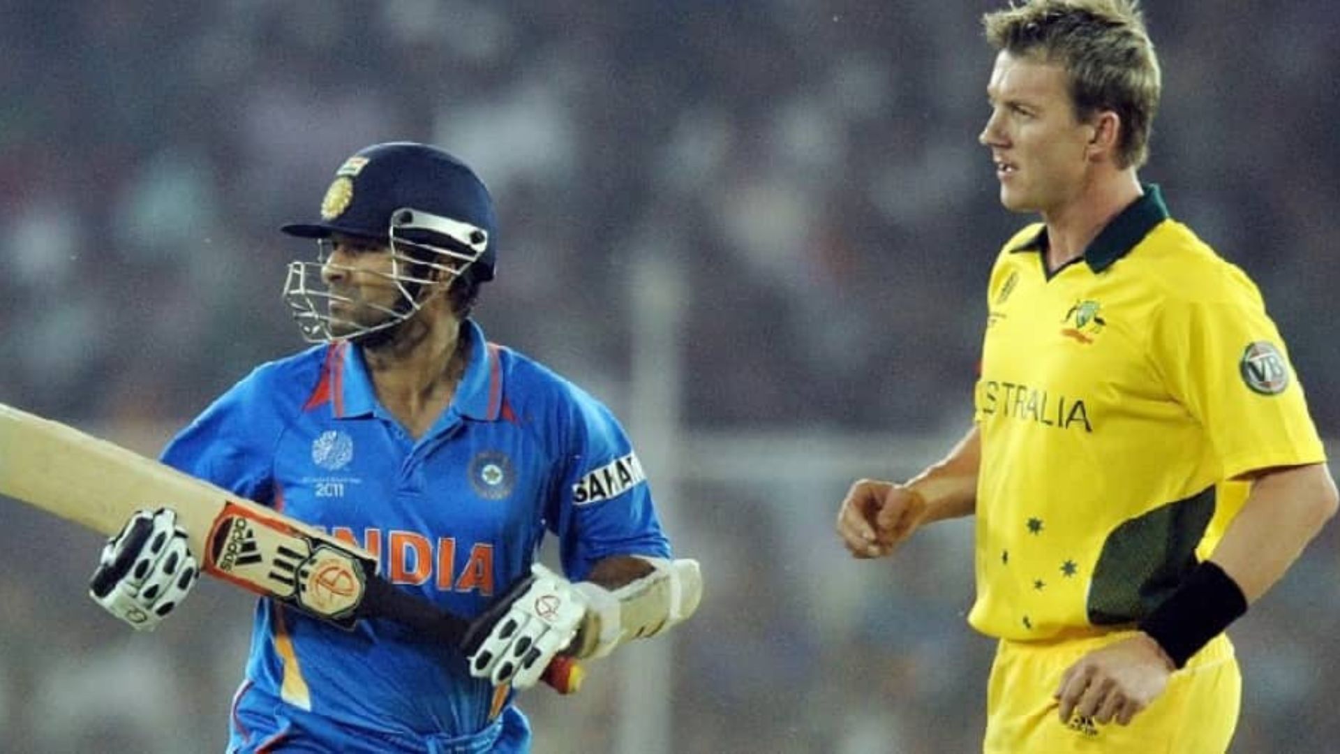 Sachin Tendulkar (L) and Brett Lee during the 2011 World Cup quarterfinal. (P.C.:Twitter)