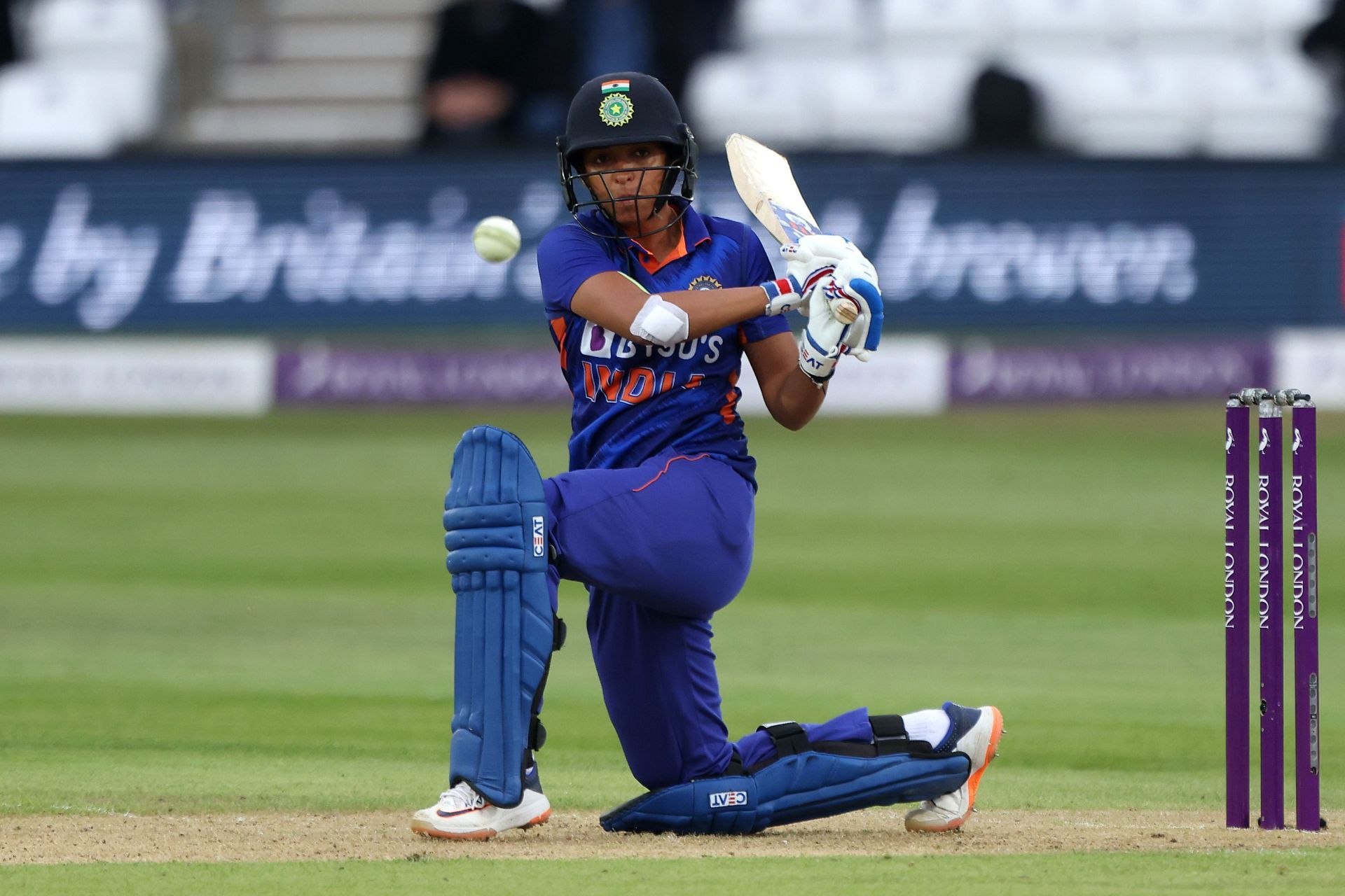 Harmanpreet Kaur sent the ball to all parts of the ground over the course of her dominant unbeaten 143. (Image: BCCI Twitter)