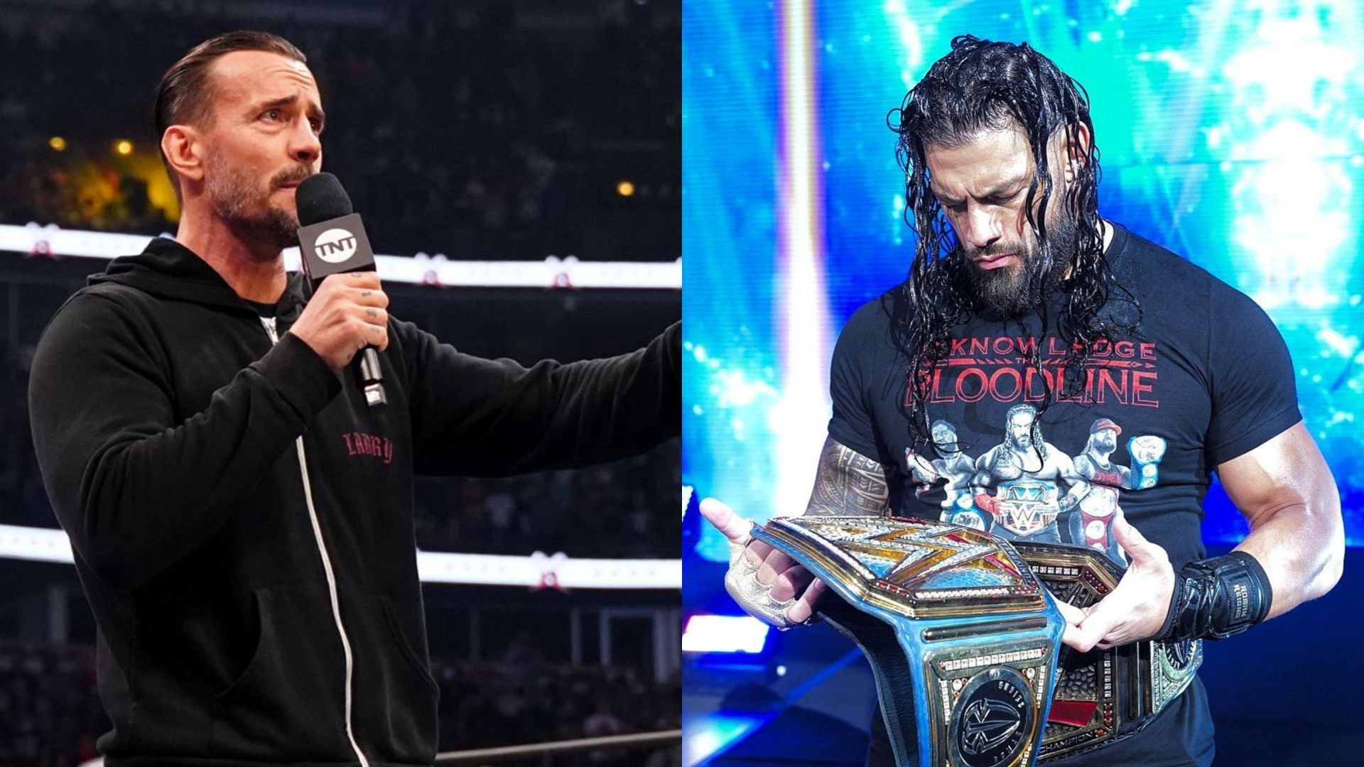 CM Punk (left) and the Undisputed WWE Universal Champion Roman Reigns (right)