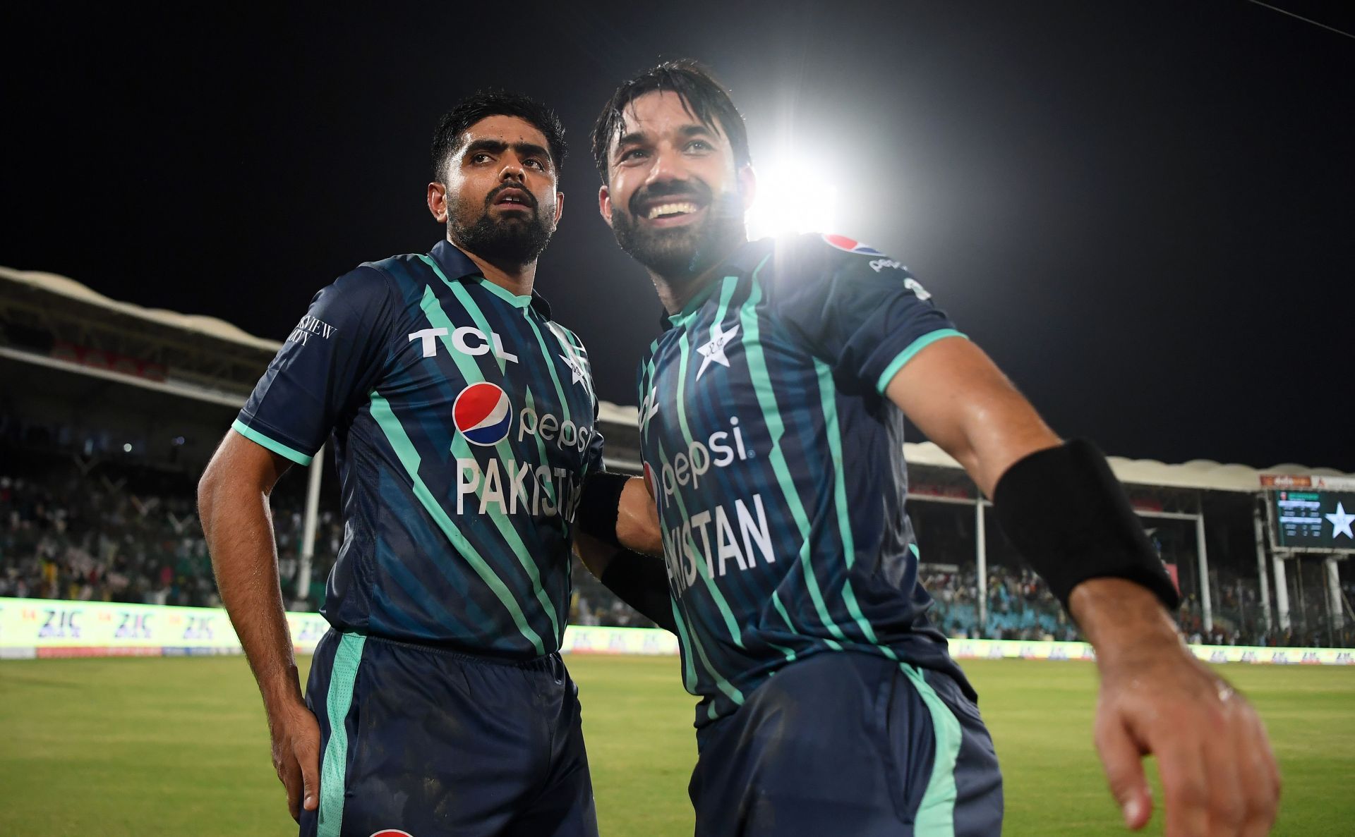 Babar Azam and Mohammad Rizwan sent records tumbling during their unbeaten 203-run stand. (Credits: Getty)