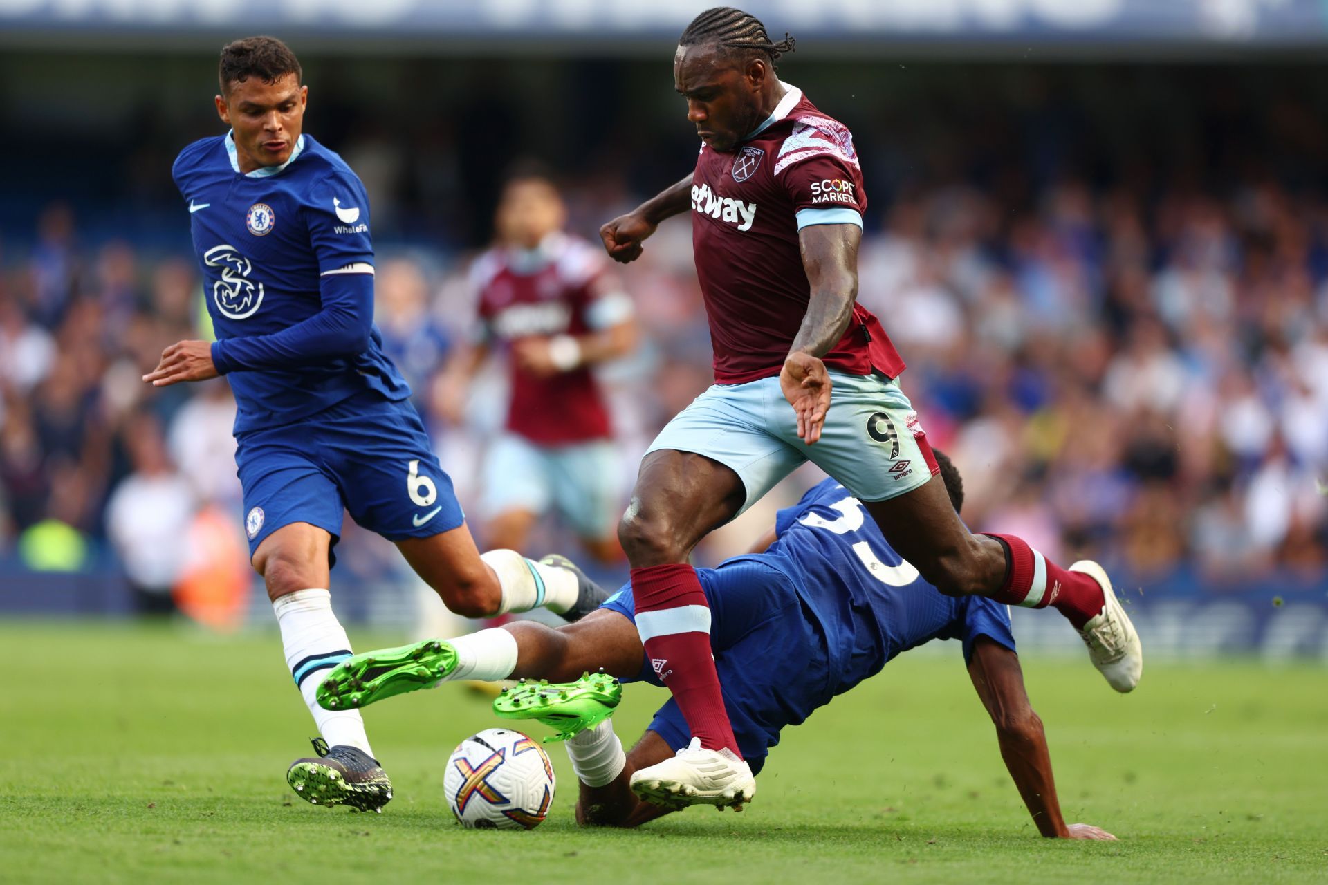 Wesley Fofana and Thiago Silva defending against West Ham United&#039;s Michail Antonio.